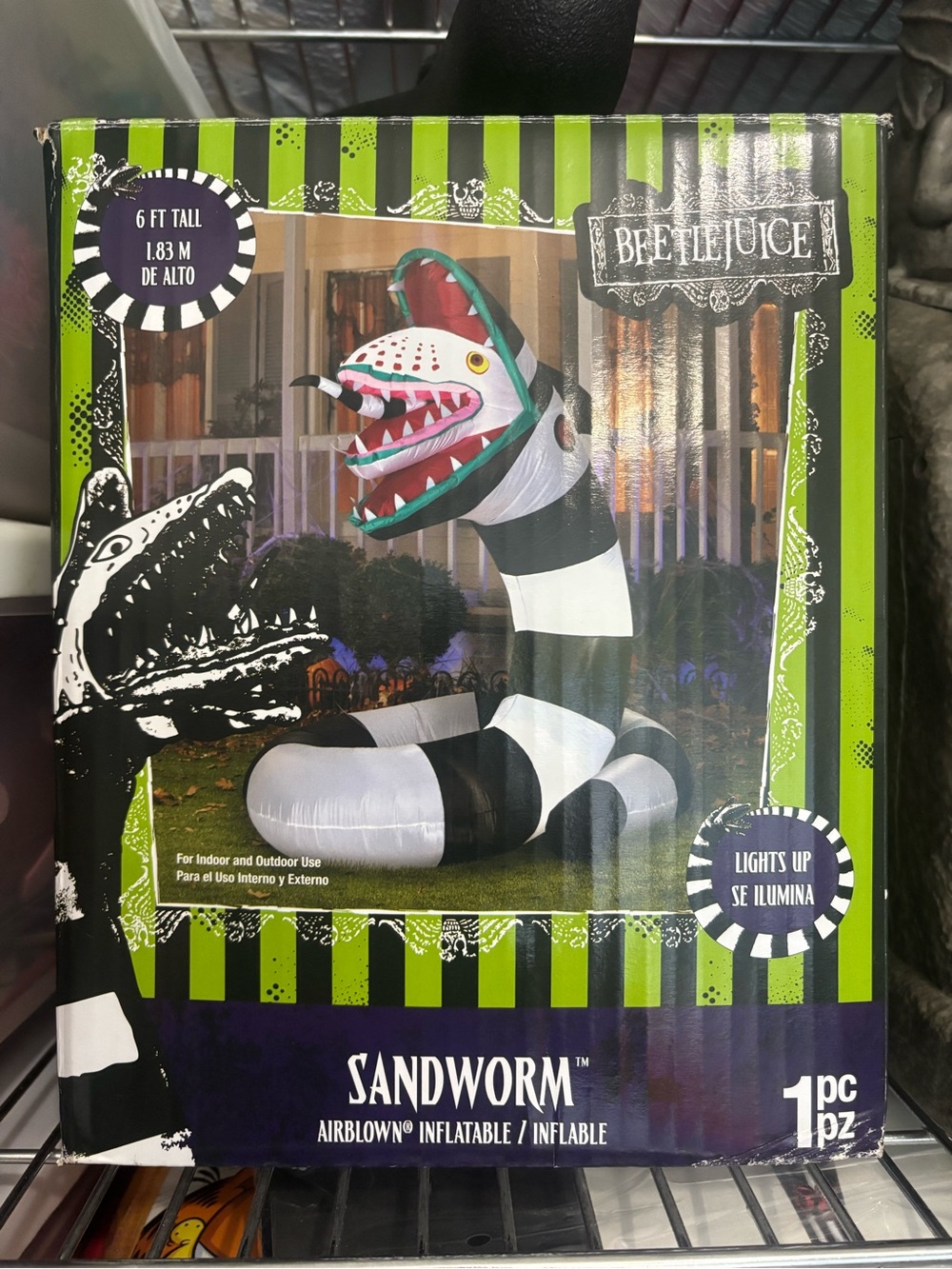 Gemmy Beetlejuice Sandworm Inflatable - Black & White with Green Accents